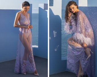 Lavender Sheer Nightdres and Sparkling Feather-trimed Robe Set F-93 F-94
