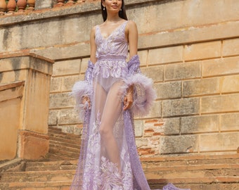 Lavender See-Through  V-neck Nightgown with Lace F-93