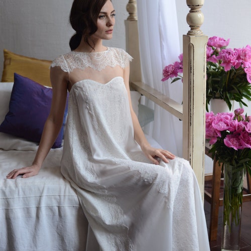 Long Silk Bridal Nightgown With Lace F2 Bridal Lingerie - Etsy