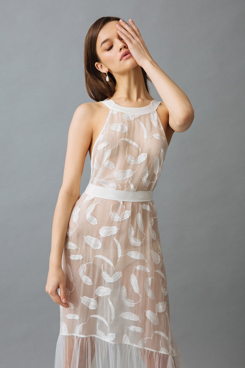 Open Back Long Silk Nightgown with Embroidered Feathers