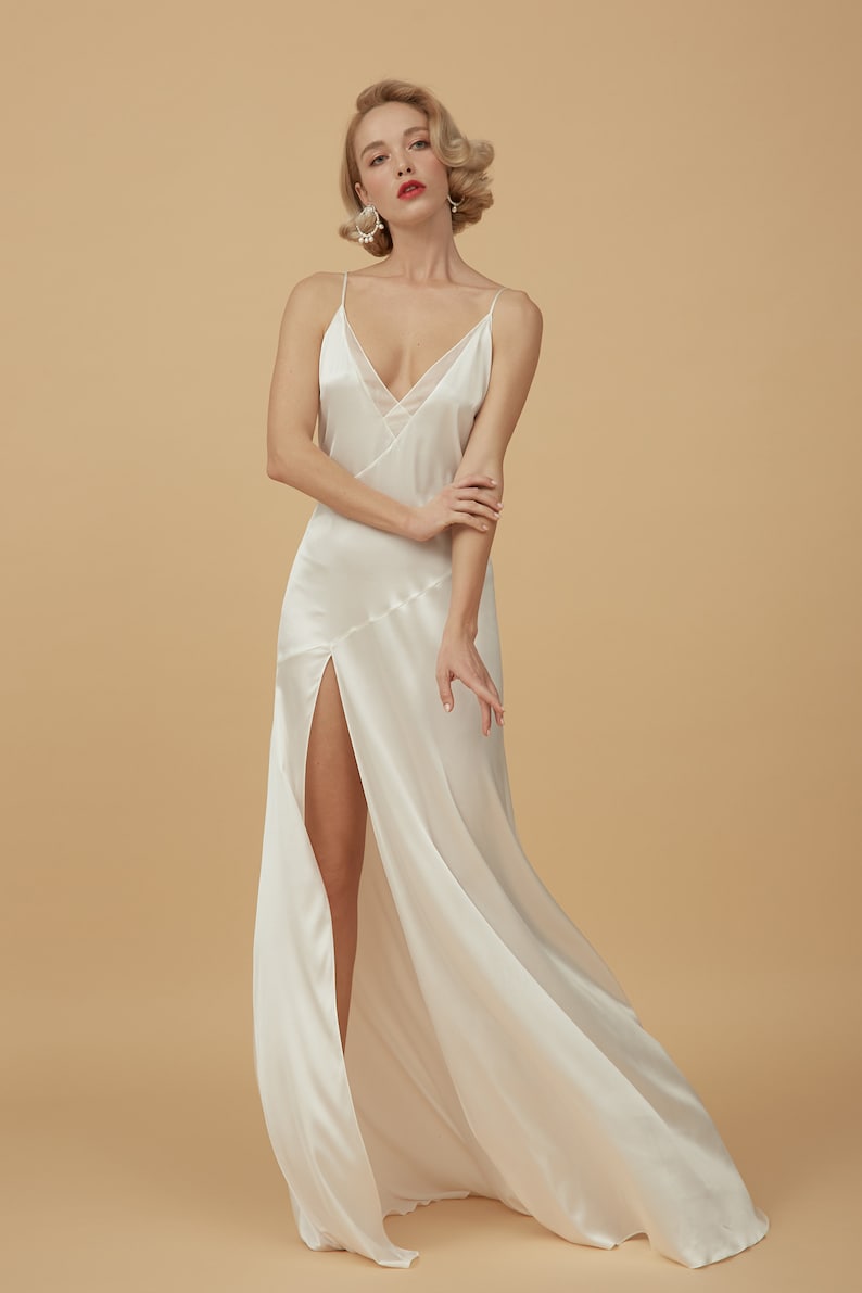 Long Pure Silk Nightgown With Slit F51 Nightgown Women Etsy