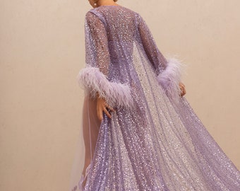 Long Lavender Shiny Feather-trimed Robe F-94