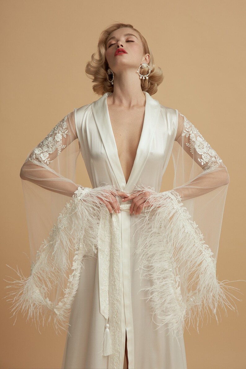 glamorous long sleeved feather bridal robe. art decor lace long robe wedding. Long Bridal Robe F50 Pure Silk Bridal Robe with Ostrich image 1