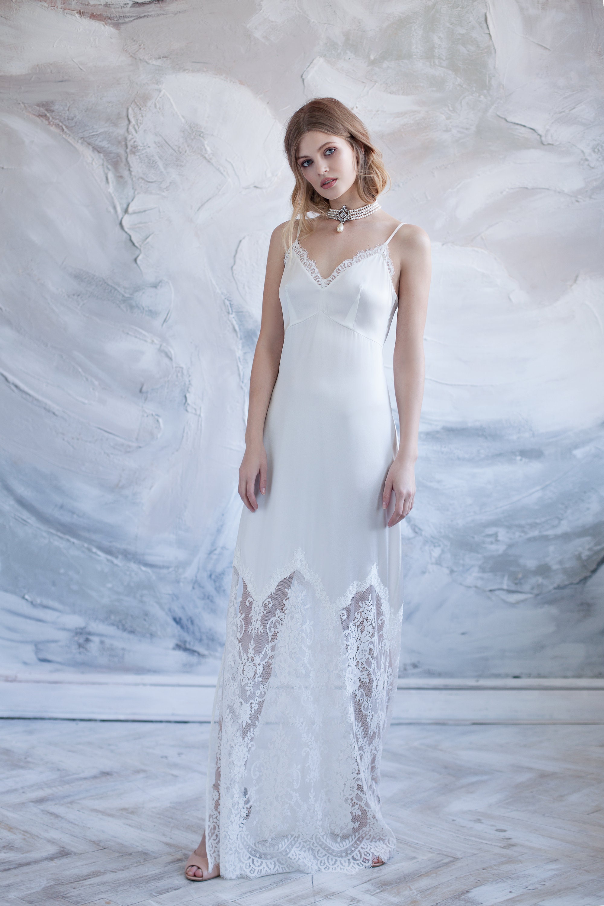 Long Silk Nightgown With Lace F38 Bridal Lingerie Wedding Etsy UK