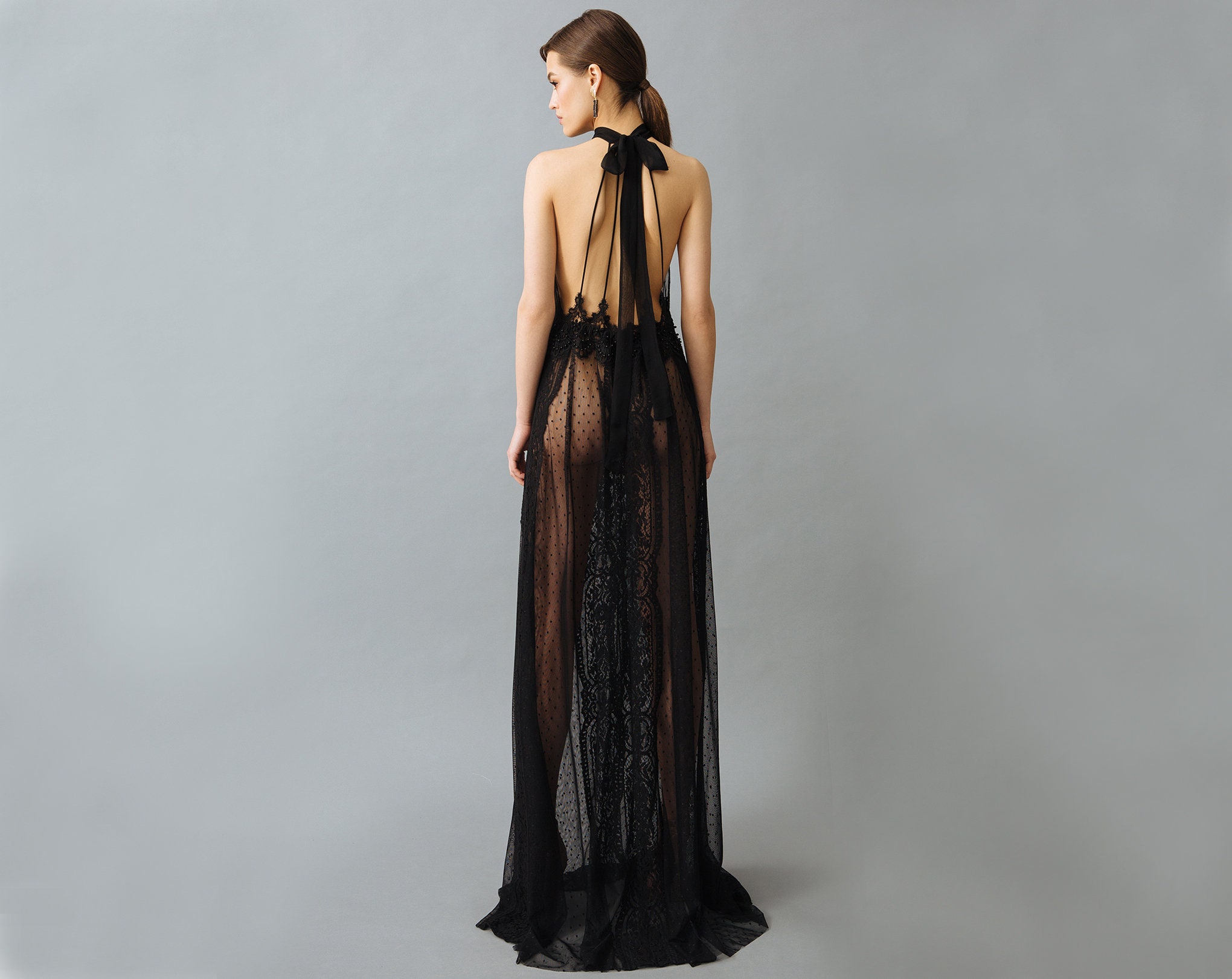 Long Black See Through Nightgown With Lace F41 Sheer - Etsy