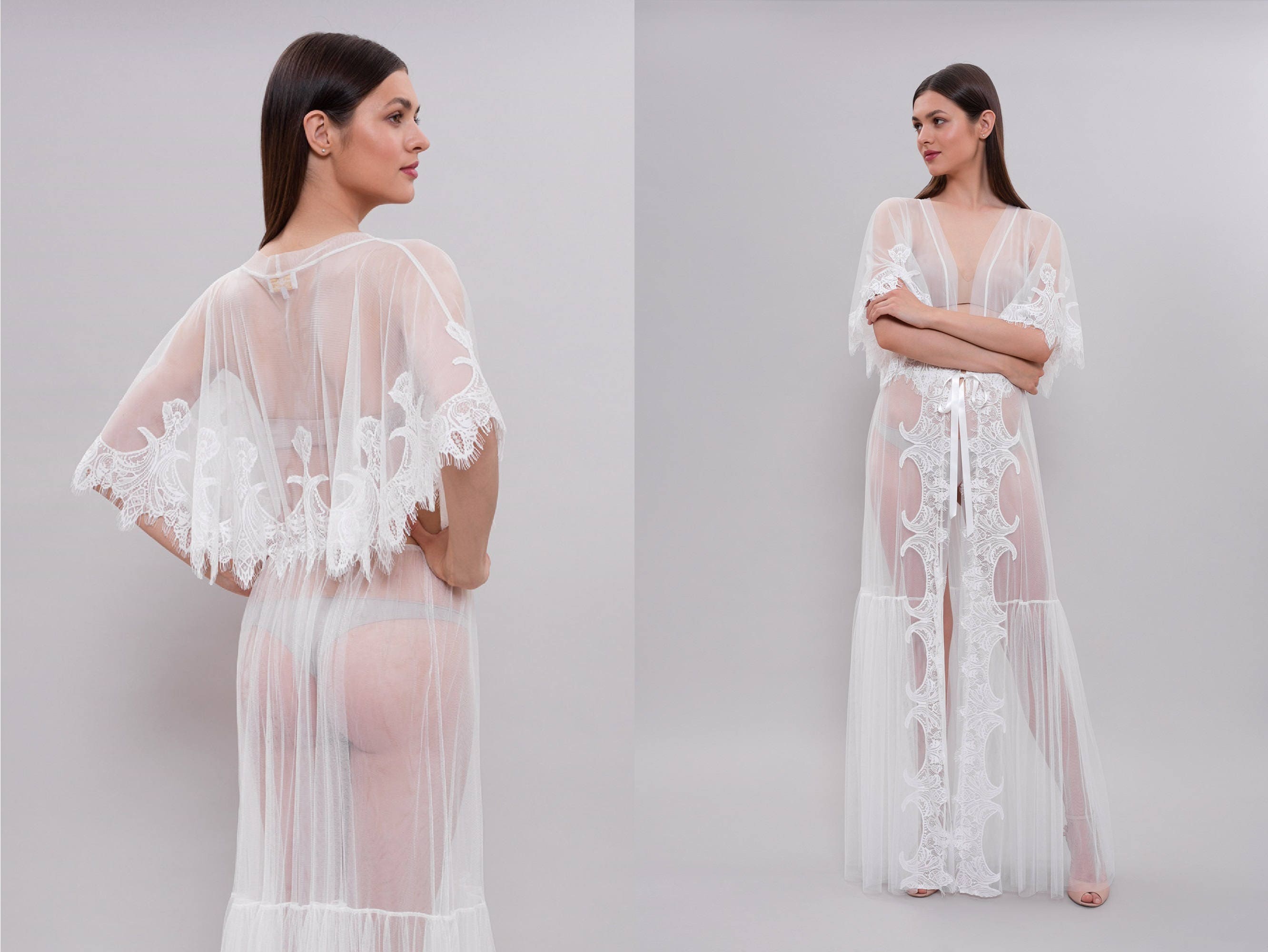 Long Tulle Bridal Robe With Lace F20 Lacetrimmed Tulle Etsy UK