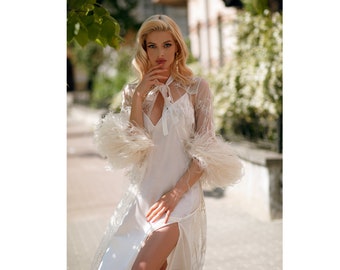 Set of Open Back Slits Silk Nightgown and Lace Robe with Feather Boa F-72 F-52