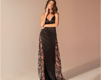 Long Pure Silk Nightgown W7 black