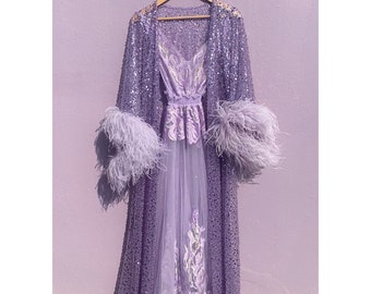 Lavender Sheer Nightdres and Sparkling Feather-trimed Robe Set F-93 F-94