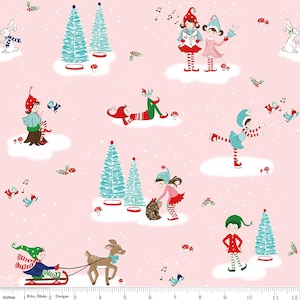 May include: A whimsical pink fabric featuring a winter scene with elves, snow, and Christmas trees. Elves are ice skating, singing, and playing with animals. The design includes musical notes, mushrooms, and a reindeer pulling a sled. The fabric is 12 inches wide.