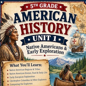 May include: A 5th Grade American History Unit 1 educational poster titled Native Americans & Early Exploration. It features a Native American in a headdress, a sailing ship, a canoe on a lake, and a list of learning objectives including regions, tribes, and explorers.