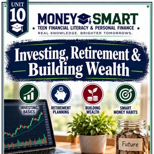 May include: Educational poster titled Unit 10 Money Smart Teen Financial Literacy & Personal Finance. Features text Investing, Retirement & Building Wealth, icons for investing, retirement, wealth, and habits, a laptop, calculator, and a jar of coins.