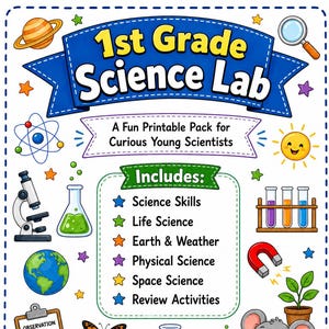 May include: A 1st Grade Science Lab printable pack featuring a blue banner title, a list of science topics including Life, Earth, and Physical Science, a clipboard, a microscope, test tubes, a magnet, and a cartoon mouse in a lab coat.