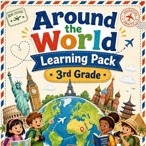 Puede incluir: Una portada de paquete de aprendizaje titulada Around the World Learning Pack 3rd Grade. Muestra a cuatro niños con equipo de viaje, un globo terráqueo, una maleta marrón, un pasaporte y una brújula, rodeados de ilustraciones de monumentos.