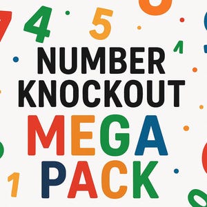 May include: A white background featuring the black text NUMBER KNOCKOUT and the red, orange, and green text MEGA PACK. The design is surrounded by scattered colorful digits including 1, 2, 3, 4, 5, 6, 7, 8, and 9 in blue, green, red, and orange.