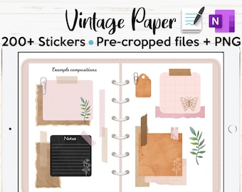Vintage Papers Digital Stickers Pack 200+, Vintage Stickers, Pre-cropped, Goodnotes, OneNote, PNGs, Planner Stickers, iPad Stickers