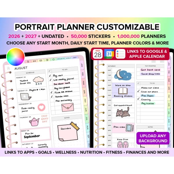 Digital Planner 2026 2027 Undated iPad Planner Goodnotes Planner Digital Journal ADHD Digital Planner Daily Planner Weekly Planner PORTRAIT