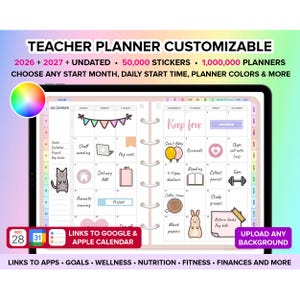 Op de afbeelding: Een digitale docentenplanner op een tablet, met een aanpasbare kalender met de maand december. De planner bevat stickers en opties voor de startmaand, tijd en kleuren. De tekst bevat "Teacher Planner Customizable" en "Links to Google & Apple Calendar".