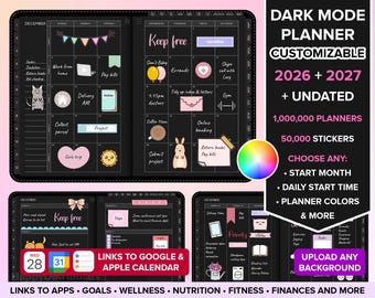 Dark Mode Digital Planner 2026 2027 Undated iPad Planner Goodnotes Planner Daily Planner Digital Journal ADHD Digital Planner BLACK PAPER