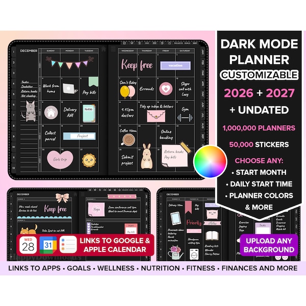 Dark Mode Digital Planner 2026 2027 Undated iPad Planner Goodnotes Planner Daily Planner Digital Journal ADHD Digital Planner BLACK PAPER