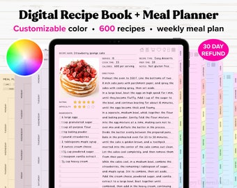 May include: A digital recipe book and meal planner app on a tablet screen. The app features a pink and white color scheme and a recipe for strawberry sponge cake. The recipe includes a list of ingredients and instructions. The app also includes a 30-day refund guarantee.