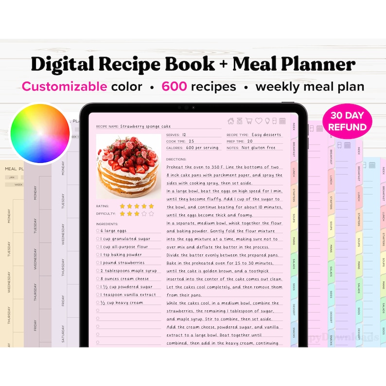 May include: A digital recipe book and meal planner app on a tablet screen. The app features a pink and white color scheme and a recipe for strawberry sponge cake. The recipe includes a list of ingredients and instructions. The app also includes a 30-day refund guarantee.