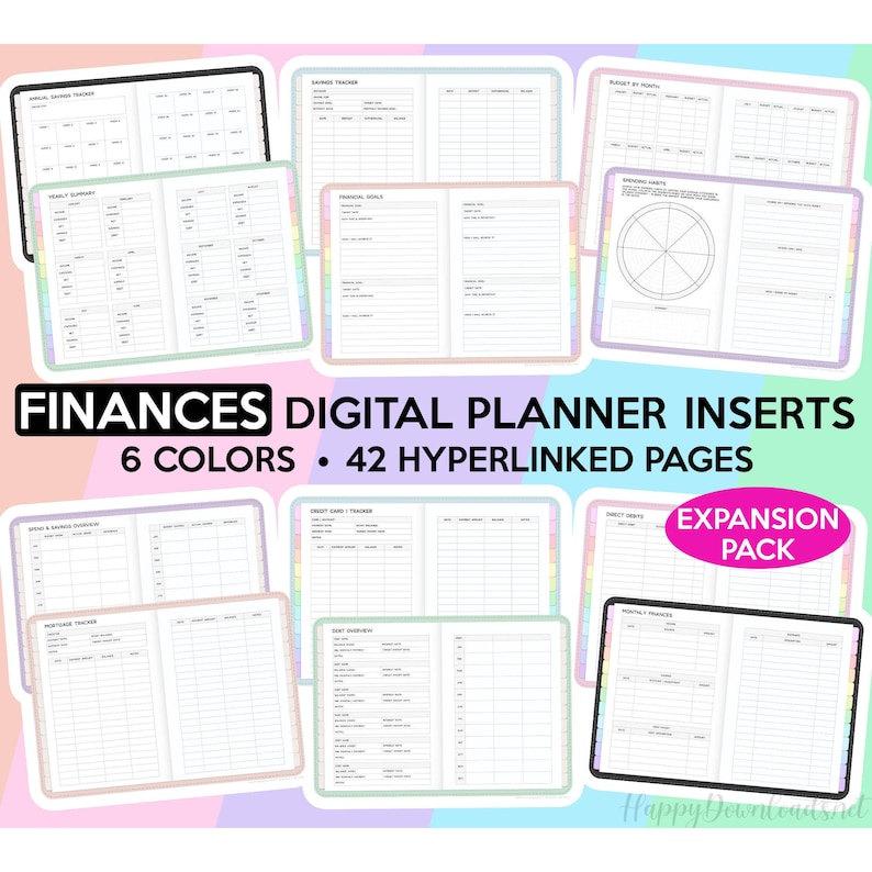 Puede incluir: Un conjunto de insertos de planificador digital para finanzas, con 6 colores y 42 p&aacute;ginas hipervinculadas. Las p&aacute;ginas incluyen secciones para presupuestos, ahorros, seguimiento de deudas y m&aacute;s. El texto "FINANCES DIGITAL PLANNER INSERTS 6 COLORS &bull; 42 HYPERLINKED PAGES EXPANSION PACK" es visible en la imagen.