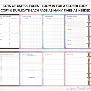 May include: A set of printable planner pages with a variety of layouts, including goal planning, action routines, progress tracking, goal progress overview, end of year review, affirmations, and a bucket list. The pages are designed to be printed and used in a binder.