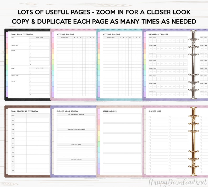May include: A set of printable planner pages with a variety of layouts, including goal planning, action routines, progress tracking, goal progress overview, end of year review, affirmations, and a bucket list. The pages are designed to be printed and used in a binder.