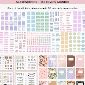May include: A collection of stickers and covers in various colors and designs. The image includes stickers for calendars, notes, and decorative elements. The text at the top reads "50,000 STICKERS &bull; 500 COVERS INCLUDED".