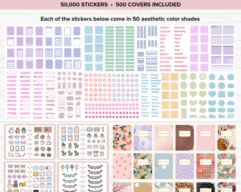 May include: A collection of stickers and covers in various colors and designs. The image includes stickers for calendars, notes, and decorative elements. The text at the top reads "50,000 STICKERS &bull; 500 COVERS INCLUDED".