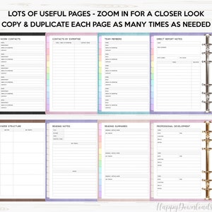 May include: A set of printable planner pages with different sections for work contacts, contacts by expertise, team members, direct report notes, paper structure, reading notes, reading summaries, and professional development. The pages are designed to be used in a disc-bound planner.