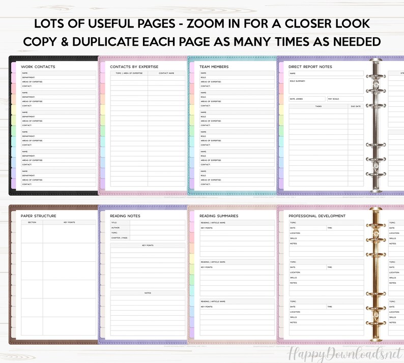 May include: A set of printable planner pages with different sections for work contacts, contacts by expertise, team members, direct report notes, paper structure, reading notes, reading summaries, and professional development. The pages are designed to be used in a disc-bound planner.