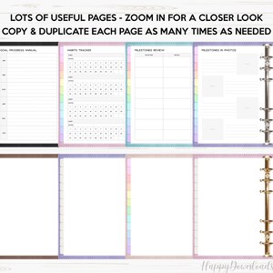 May include: Four printable pages for a planner or journal. The pages are titled "Goal Progress Annual", "Habits Tracker", "Milestones Review", and "Milestones in Photos". The pages are designed with pastel colors and a dotted border.