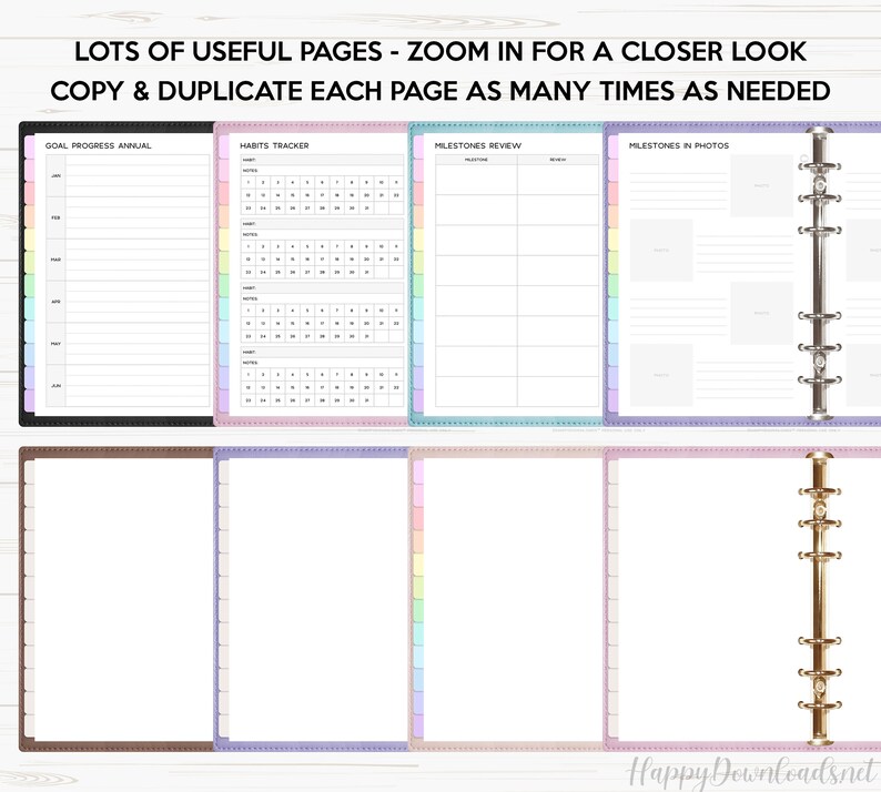 May include: Four printable pages for a planner or journal. The pages are titled "Goal Progress Annual", "Habits Tracker", "Milestones Review", and "Milestones in Photos". The pages are designed with pastel colors and a dotted border.