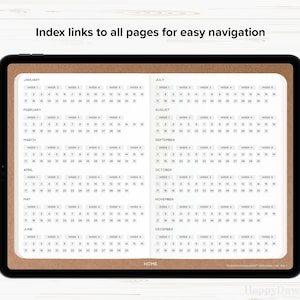 K&ouml;nnte beinhalten: Ein digitaler Planer mit einem Kalenderindex f&uuml;r jeden Monat des Jahres. Der Kalenderindex ist in Wochen unterteilt und enth&auml;lt die Zahlen 1 bis 31. Der Planer ist f&uuml;r eine einfache Navigation konzipiert.
