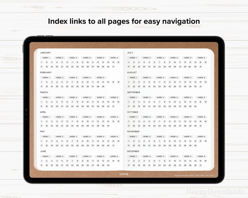 K&ouml;nnte beinhalten: Ein digitaler Planer mit einem Kalenderindex f&uuml;r jeden Monat des Jahres. Der Kalenderindex ist in Wochen unterteilt und enth&auml;lt die Zahlen 1 bis 31. Der Planer ist f&uuml;r eine einfache Navigation konzipiert.