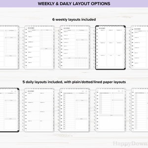 Pu&ograve; includere: Un'immagine digitale che mostra sei diversi layout di pianificatore settimanale e cinque layout di pianificatore giornaliero. I layout sono tutti in bianco e nero e presentano una variet&agrave; di stili di griglia e linee. Il testo "WEEKLY & DAILY LAYOUT OPTIONS" &egrave; nella parte superiore dell'immagine. Il testo "6 weekly layouts included" &egrave; sotto i layout settimanali. Il testo "5 daily layouts included, with plain/dotted/lined paper layouts" &egrave; sotto i layout giornalieri. Il testo "HappyDownloads" &egrave; nella parte inferiore dell'immagine.