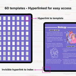 May include: A digital tablet with a purple background and a grid of 60 different templates. The templates are hyperlinked for easy access. The tablet also shows a diagram of the human heart with a description of its structure. The text "Biology" is at the top of the page.