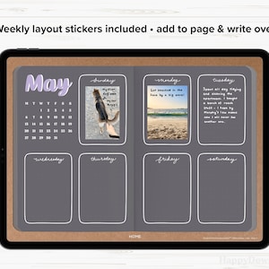 K&ouml;nnte beinhalten: Ein digitaler Planer mit grauem Hintergrund und einem violetten Mai-Kalender. Der Planer ist in sieben Abschnitte f&uuml;r jeden Tag der Woche unterteilt, wobei jeder Abschnitt ein anderes Bild oder einen anderen Text enth&auml;lt. Die Bilder zeigen einen Hund beim Spaziergang, eine Strandszene und eine handschriftliche Notiz.