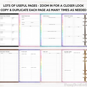 May include: A set of printable planner pages with colorful borders. The pages include sections for objectives, deadlines, to-do lists, tasks, and routine tasks. The pages are designed to be used in a binder with a ring system.