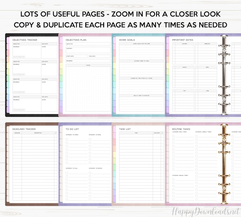 May include: A set of printable planner pages with colorful borders. The pages include sections for objectives, deadlines, to-do lists, tasks, and routine tasks. The pages are designed to be used in a binder with a ring system.