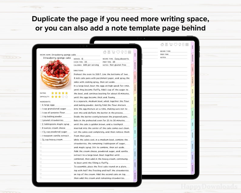 May include: A printable recipe page for a strawberry sponge cake. The recipe includes a list of ingredients, directions, and a rating system. The page is designed with a pink and white color scheme and features a photo of the finished cake.