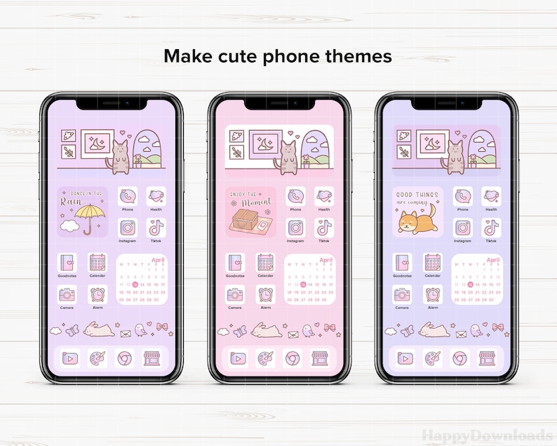 May include: Three phone screen mockups with cute cat illustrations and icons for different apps. The themes are "Dance in the Rain", "Enjoy the Moment", and "Good Things are Coming".