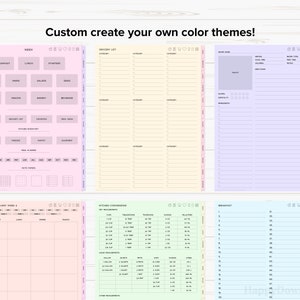 May include: A printable planner page with a pink, yellow, light blue, and green color scheme. The page is divided into sections for meal planning, grocery lists, kitchen conversions, and recipe notes. The page includes the text "Custom create your own color themes!" and "Meal Plan February Week 2".