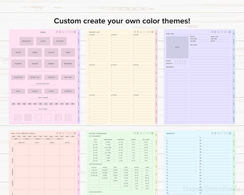May include: A printable planner page with a pink, yellow, light blue, and green color scheme. The page is divided into sections for meal planning, grocery lists, kitchen conversions, and recipe notes. The page includes the text "Custom create your own color themes!" and "Meal Plan February Week 2".