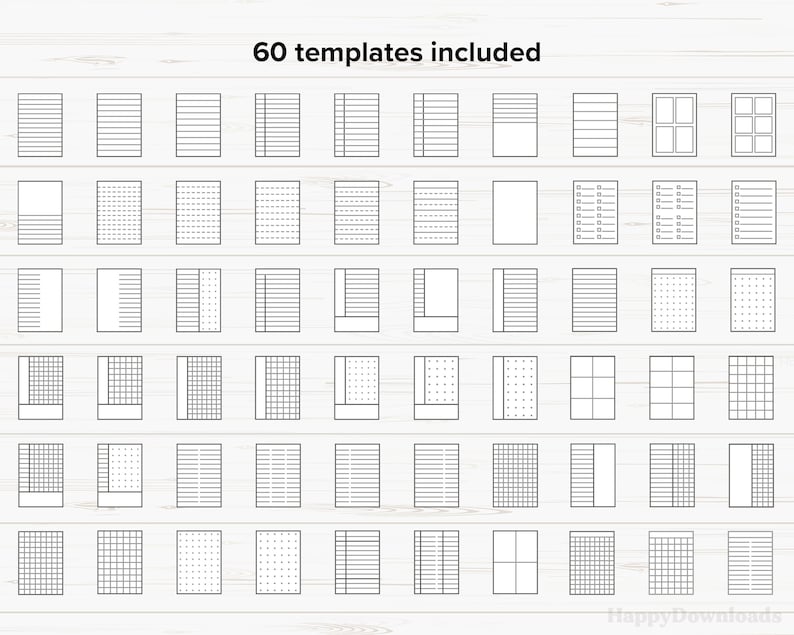 May include: A set of 60 printable planner templates featuring different grid, lined, and dotted page layouts. The templates are designed for use in bullet journals, planners, and notebooks.
