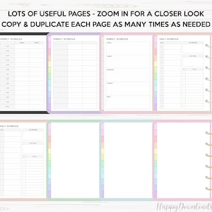 May include: A printable planner page with a weekly schedule and a daily schedule. The page is designed with pastel colors and a rainbow border. The text "LOTS OF USEFUL PAGES - ZOOM IN FOR A CLOSER LOOK COPY & DUPLICATE EACH PAGE AS MANY TIMES AS NEEDED" is at the top of the page.