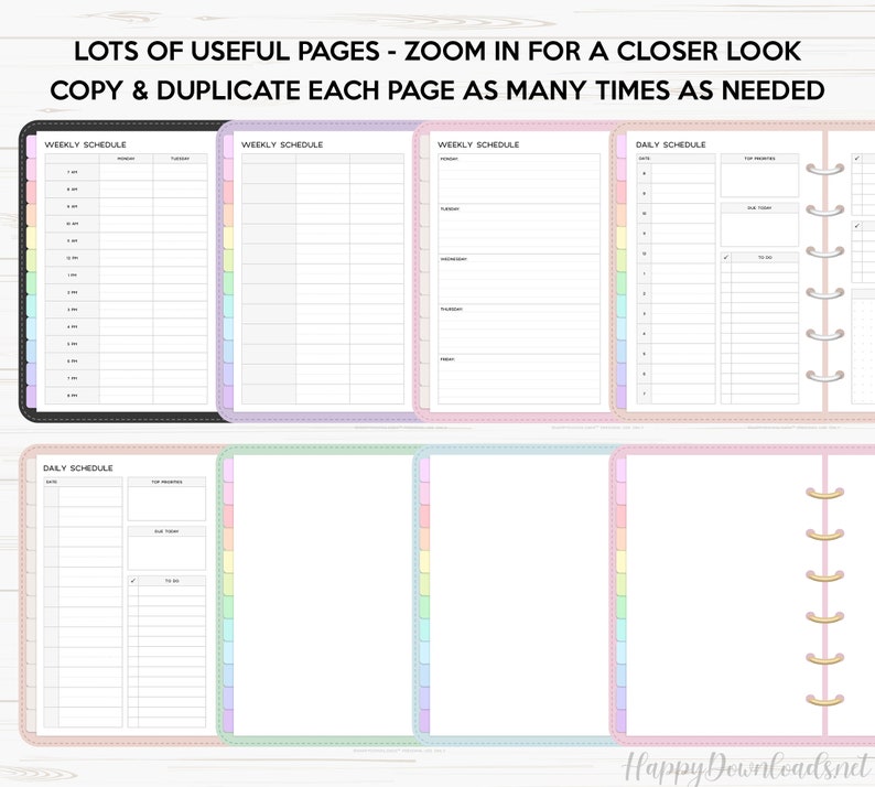 May include: A printable planner page with a weekly schedule and a daily schedule. The page is designed with pastel colors and a rainbow border. The text "LOTS OF USEFUL PAGES - ZOOM IN FOR A CLOSER LOOK COPY & DUPLICATE EACH PAGE AS MANY TIMES AS NEEDED" is at the top of the page.