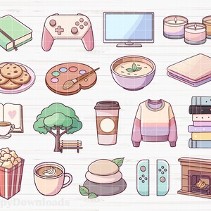 Puede incluir: Una colecci&oacute;n de iconos ilustrados que incluyen un cuaderno verde, un mando de juegos rosa, un televisor, velas, galletas, una paleta de pintura, sopa, una toalla, un libro, un &aacute;rbol, una taza de caf&eacute;, un su&eacute;ter, libros, palomitas de ma&iacute;z, un chocolate caliente, piedras, mandos de juego y una chimenea.